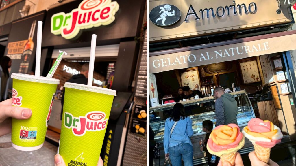 Dr. Juiceの店先で手に持った緑色のドリンクカップ2つと、Amorinoの店舗を背景にしたバラの形のジェラート2つ。