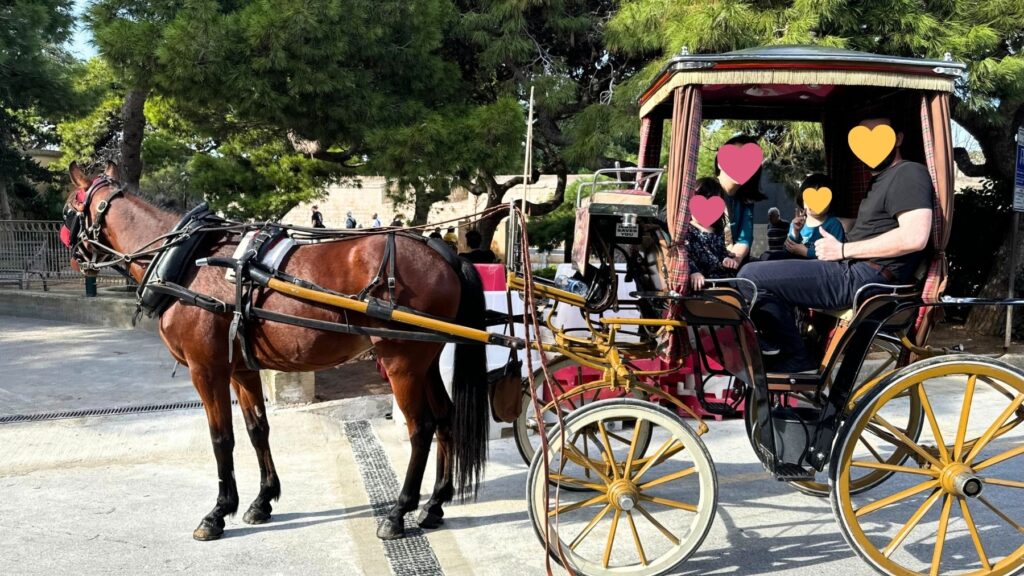 イムディーナの馬車に乗り込んだ家族。黄色い車輪の馬車を茶色の馬が引く。