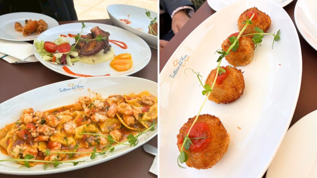 スリーマのTrattoria del Mareでの食事。タコ料理とエビを添えたパスタ、丸い揚げ物が白い皿に盛り付けられている。