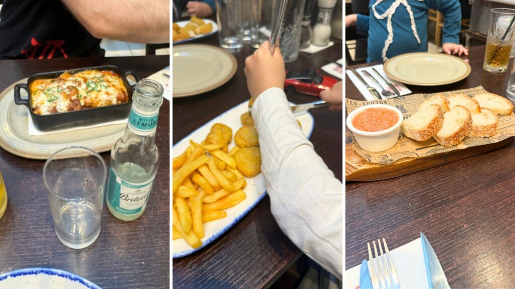 夫のラザニア、子どものナゲットとフライドポテト、前菜のパンとディップ。