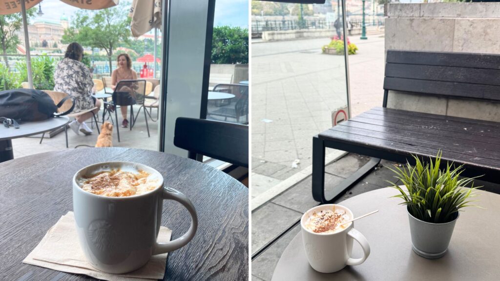 スターバックス・プロムナードの窓際席で撮影したコーヒーとテラスの様子を並べた写真