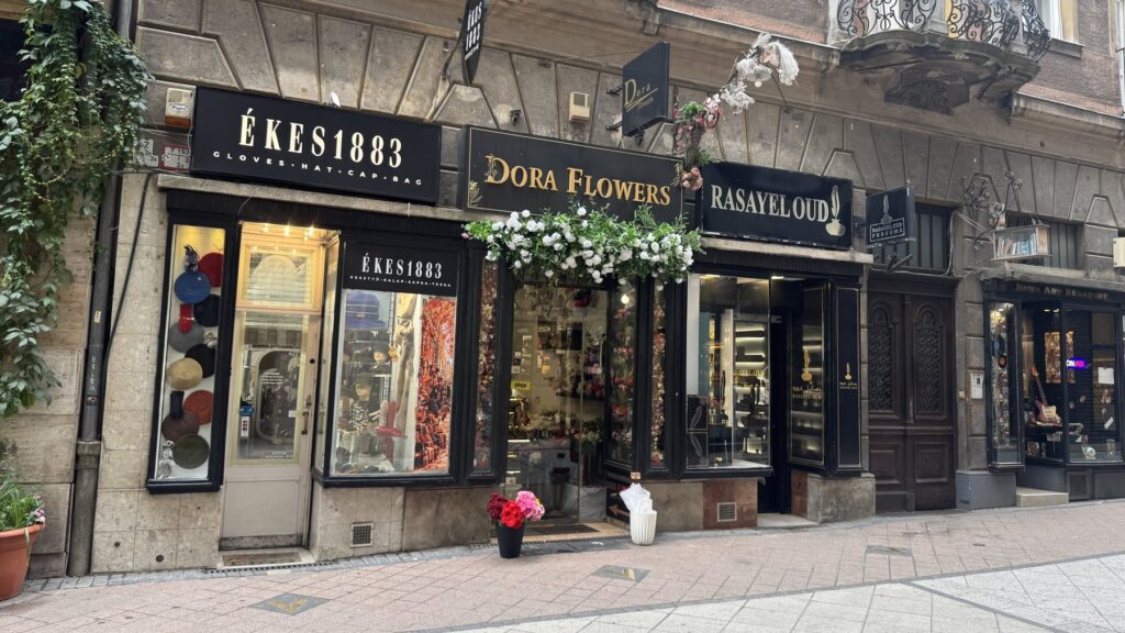 レーギポシュタ通りに並ぶÉKES 1883とDora Flowersの店舗と、店先を飾る花や植物