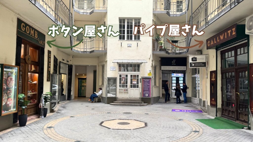 中庭の左にあるボタン専門店Gombudvarと右にあるパイプ専門店Gallwitzを、日本語の文字と矢印で示した写真