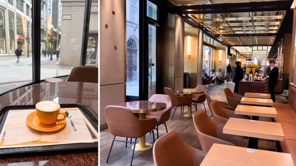 レーギポシュタ通りのマクドナルドの窓際の席と、コーヒーやハンバーガーを組み合わせた写真