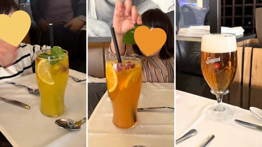 Rubenで注文したフルーツとミント入りのレモネード2杯とビールの写真を並べたコラージュ